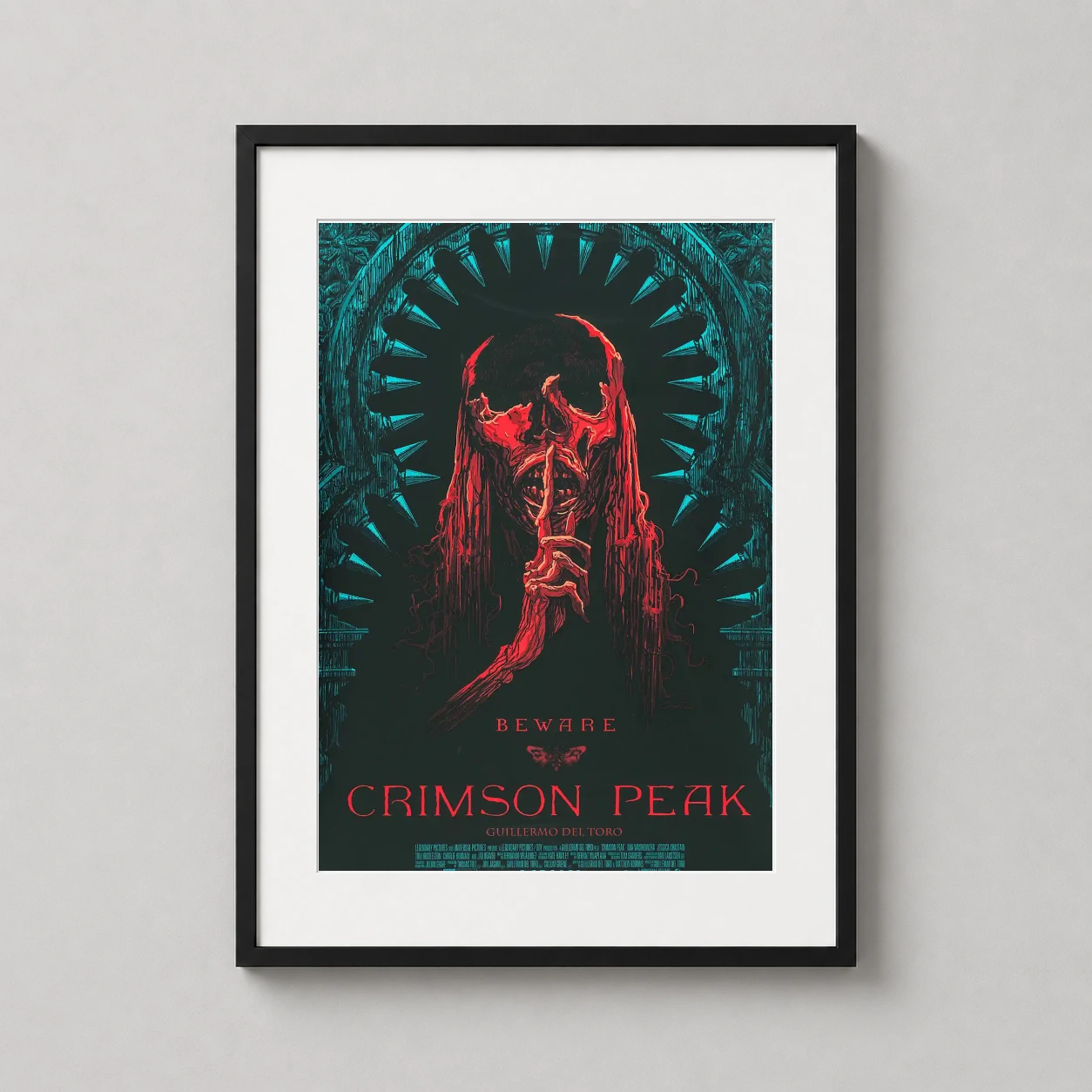Crimson Peak — vivid crimson-red skeletal figure gestures for silence against a deep