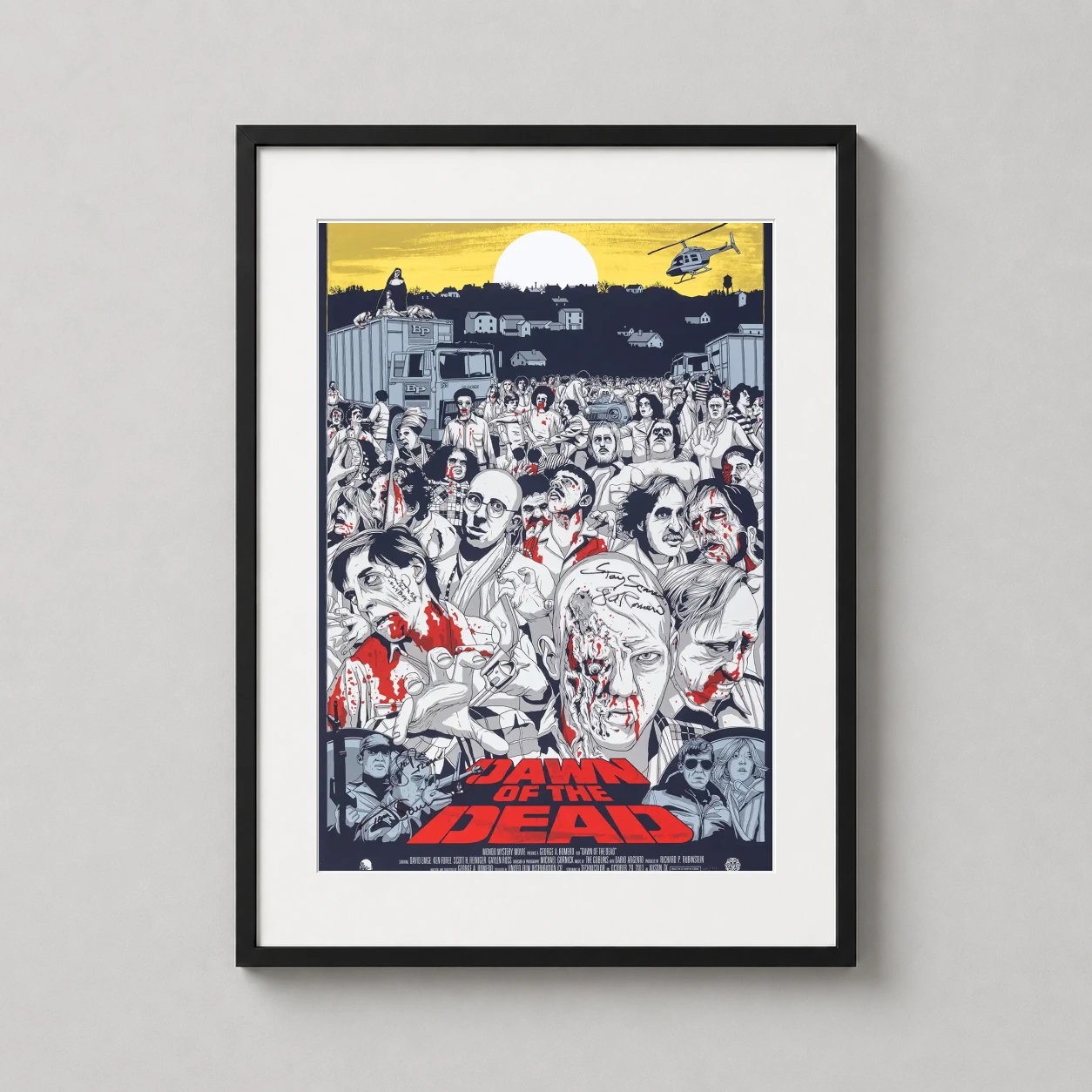 Dawn of the Dead — dense horde of blood-splattered zombies, Mack trucks, and a helicopter