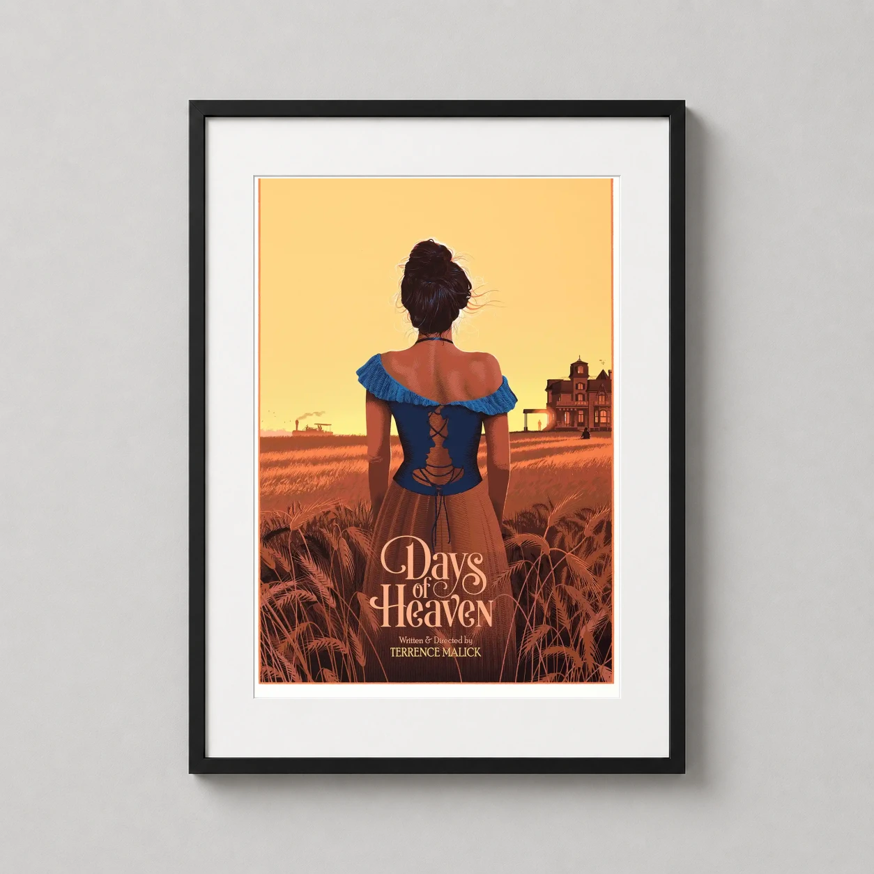 Days of Heaven — cinematic art print featuring a woman in a wheat field against a golden