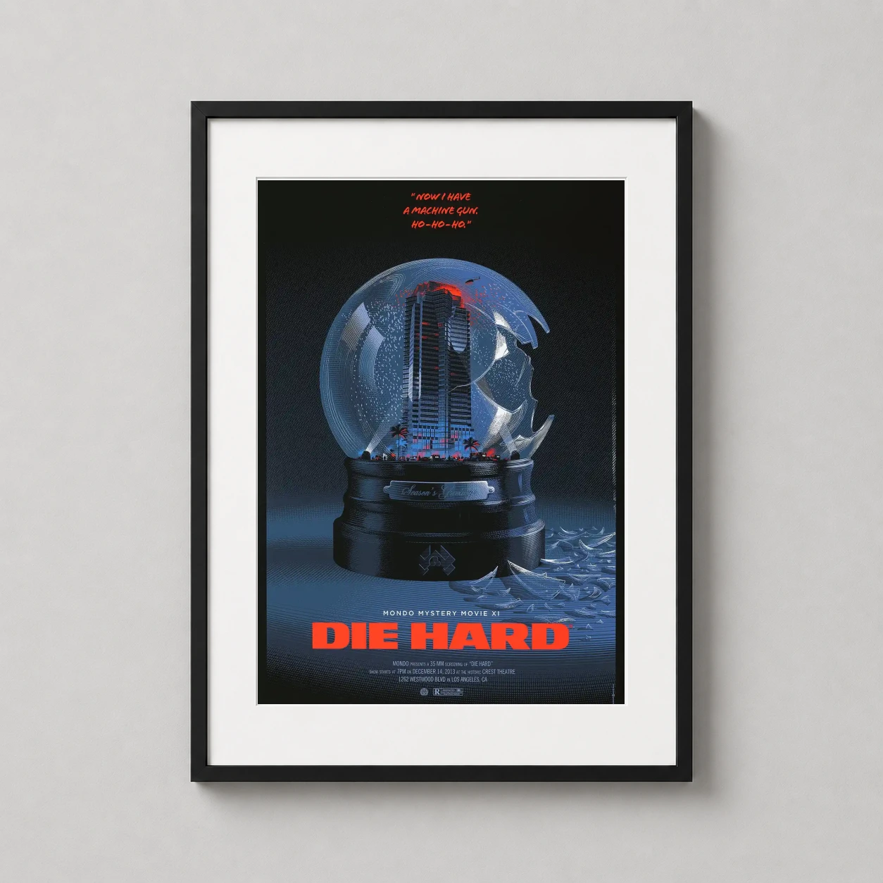 Die Hard — shattered snow globe contains the glowing Nakatomi Plaza tower under a