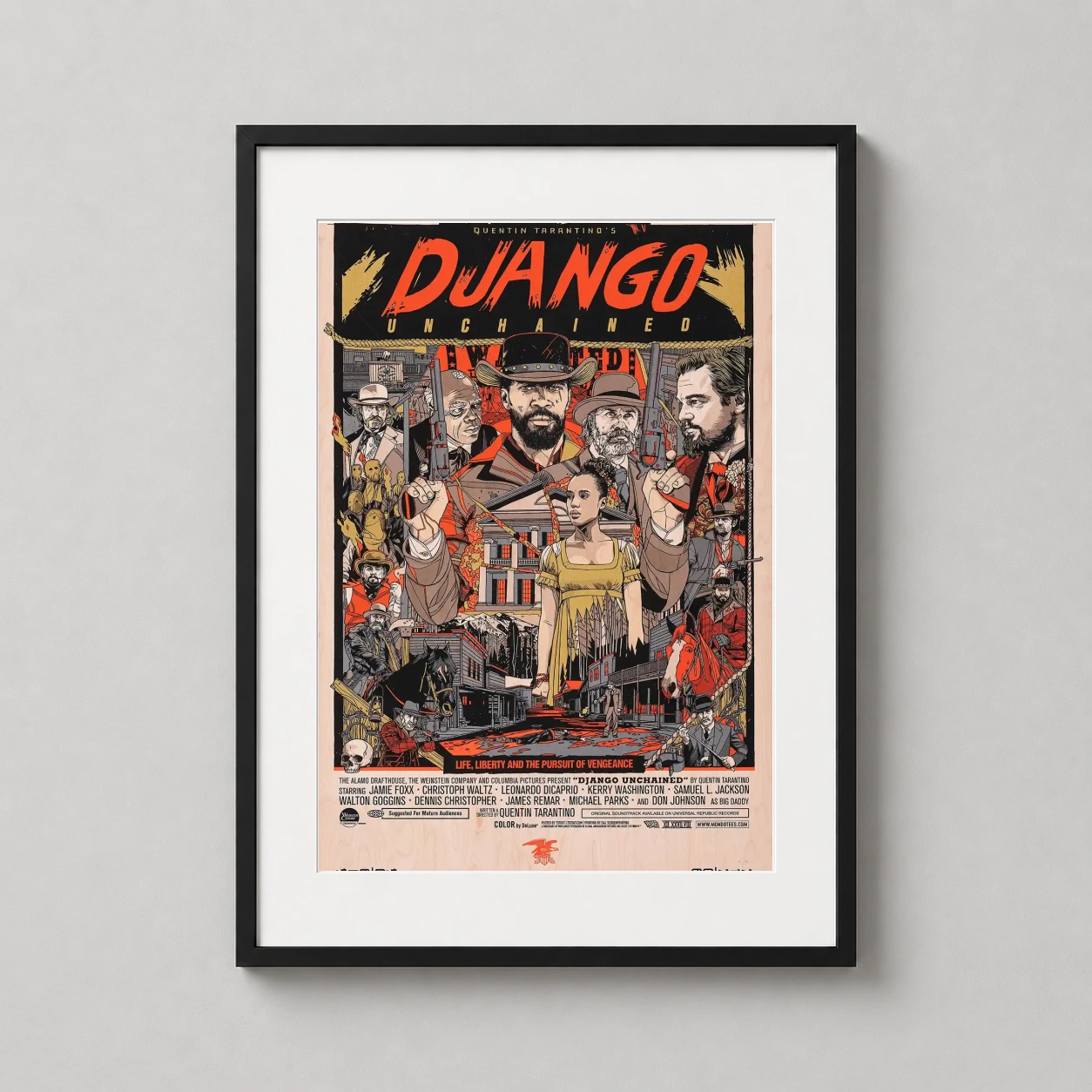 Room mockup of Django Unchained Tyler Stout Mondo Movie Poster, displayed as framed wall art in a home theater setting as a portrait print.