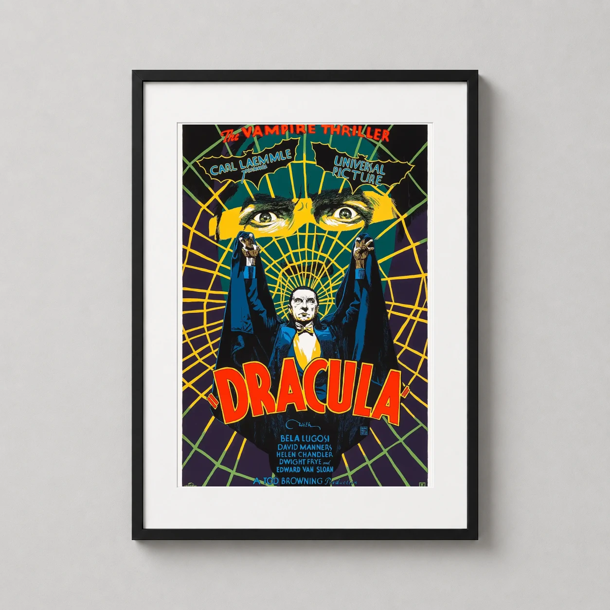 Room mockup of Dracula 1931 Bela Lugosi Mondo Film Vampire Movie Poster, displayed as framed wall art in a home theater setting as a portrait print with green and yellow tones.