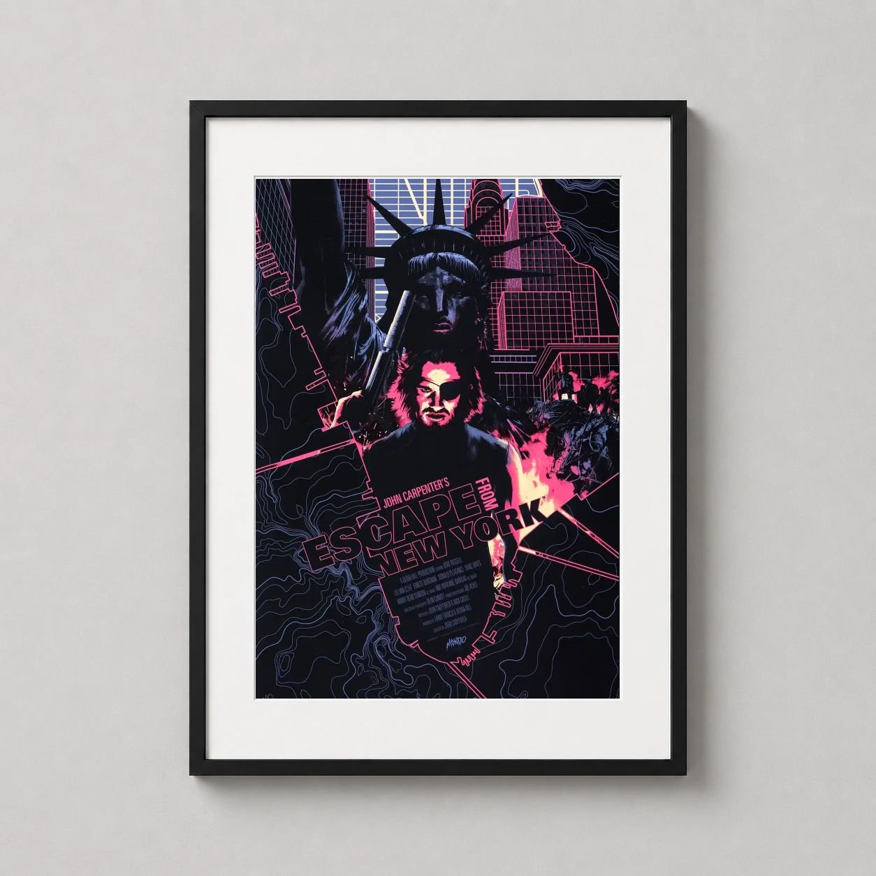 Escape from New York — synthwave-inspired illustration of Snake Plissken before the Statue of