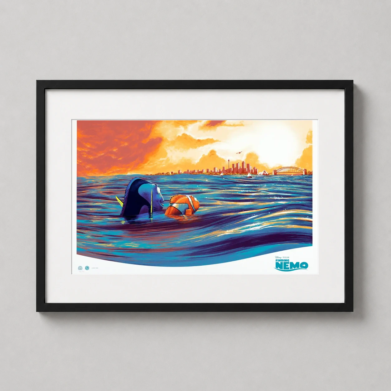 Finding Nemo — vivid illustrative art print featuring Dory and Marlin swimming toward