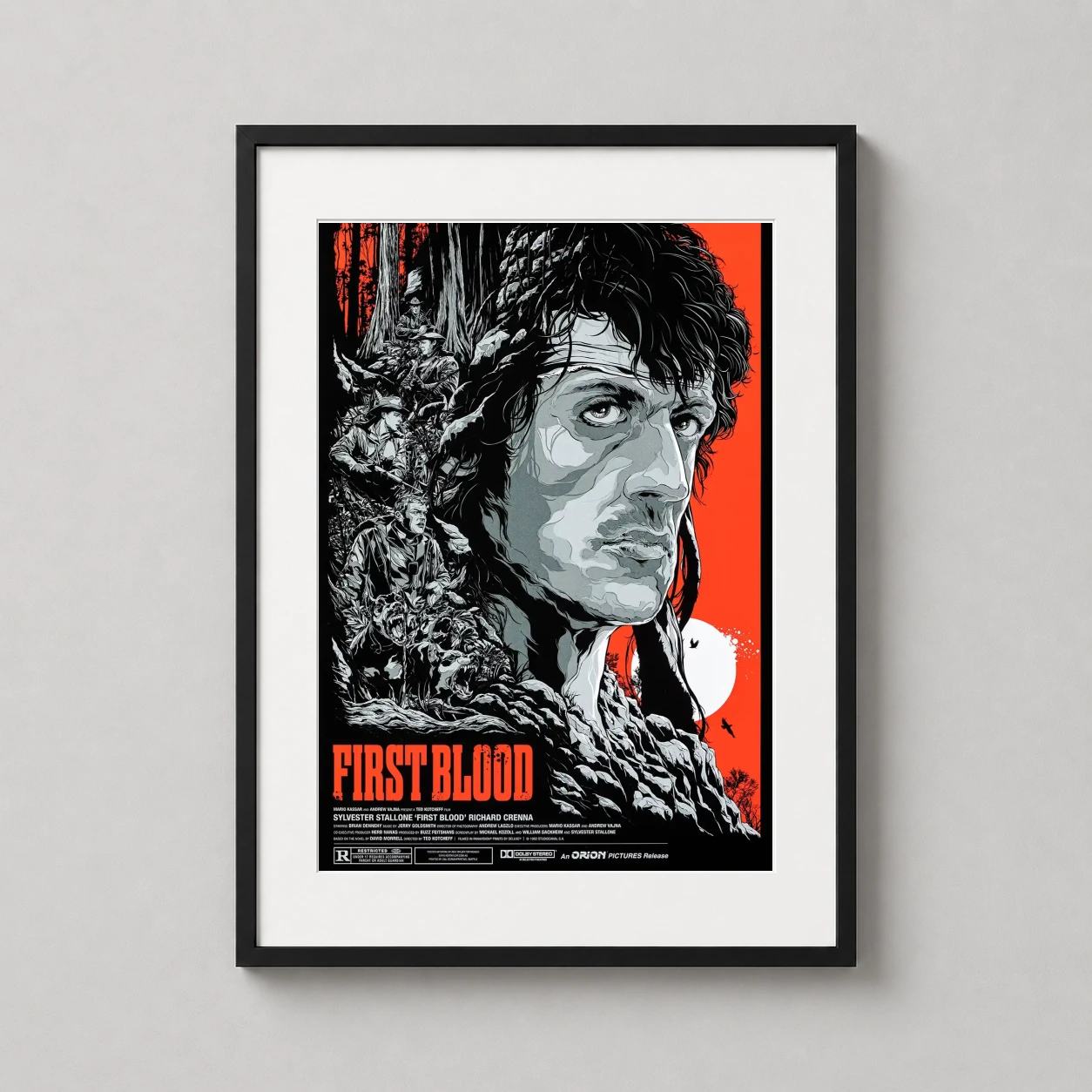 First Blood — gritty illustrative Rambo art print featuring Sylvester Stallone's John