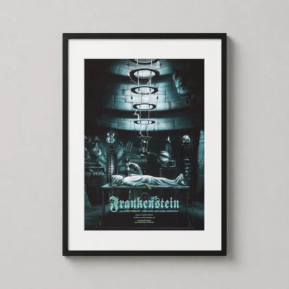 Frankenstein Jonathan Burton Mondo Cinema Movie Poster showing a hum of static electricity seems to emanate