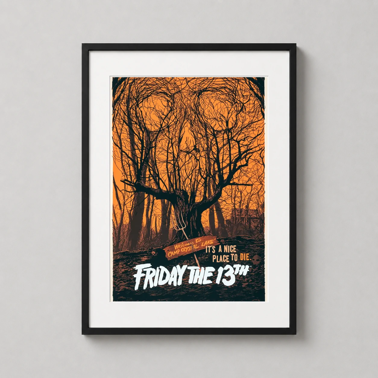 Friday the 13th — stark orange and black illustration features twisted tree branches