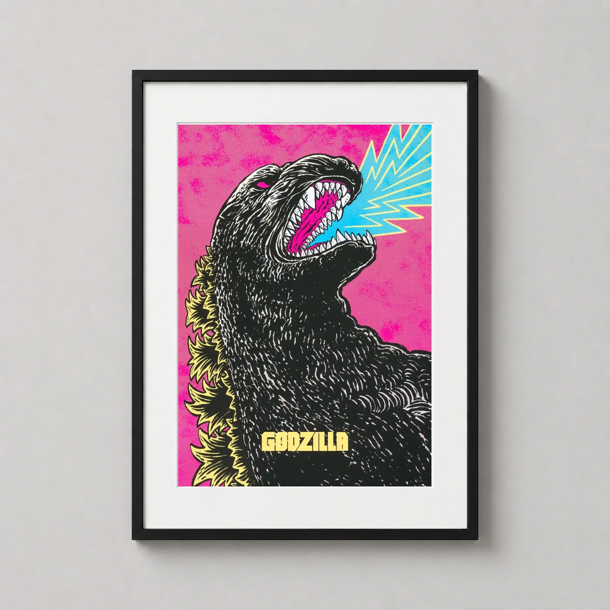 Godzilla Yuko Shimizu Mondo — vibrant neon Godzilla art print featuring the King of the Monsters