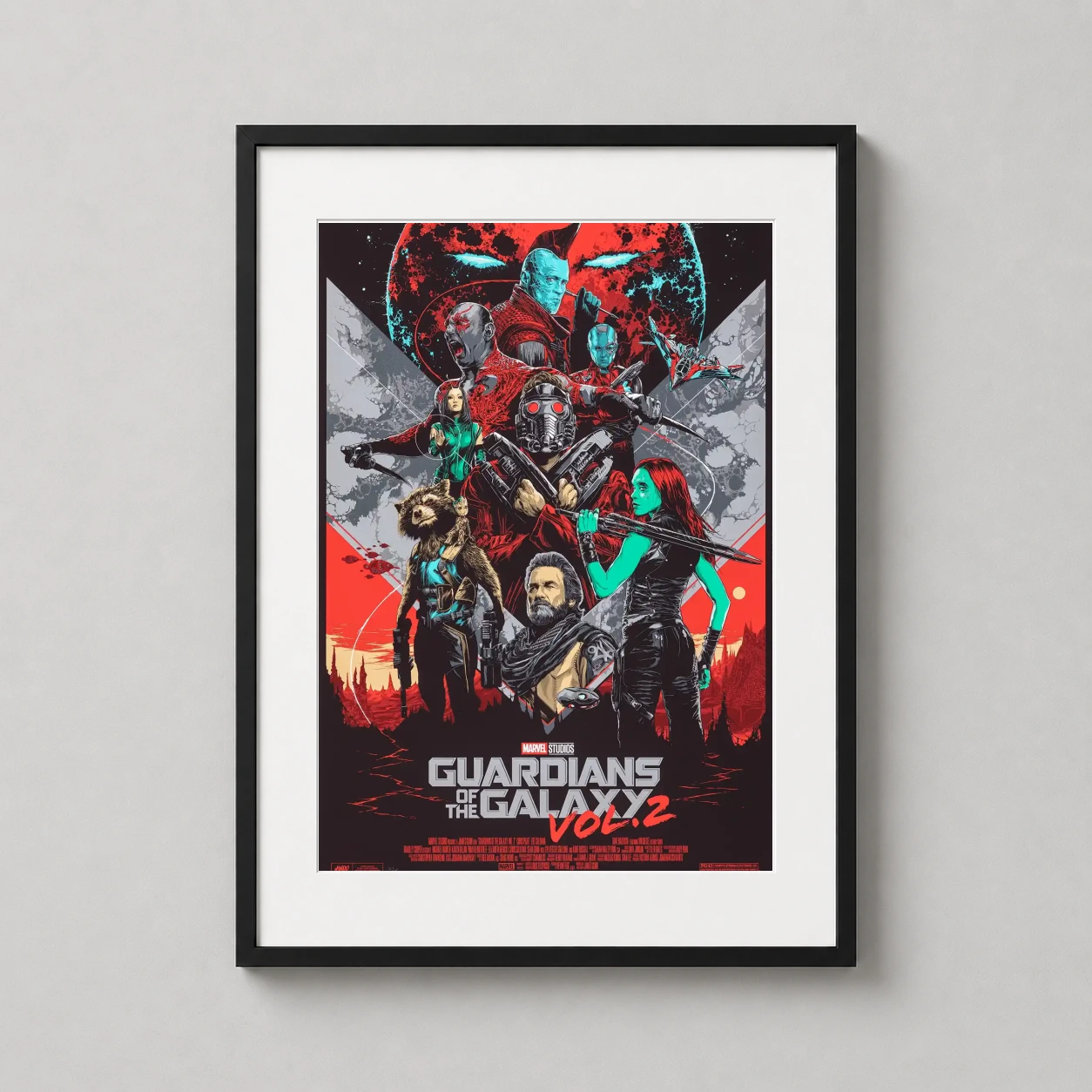 Guardians of the Galaxy Vol 2 — dramatic Mondo style illustration of the Guardians of the Galaxy crew