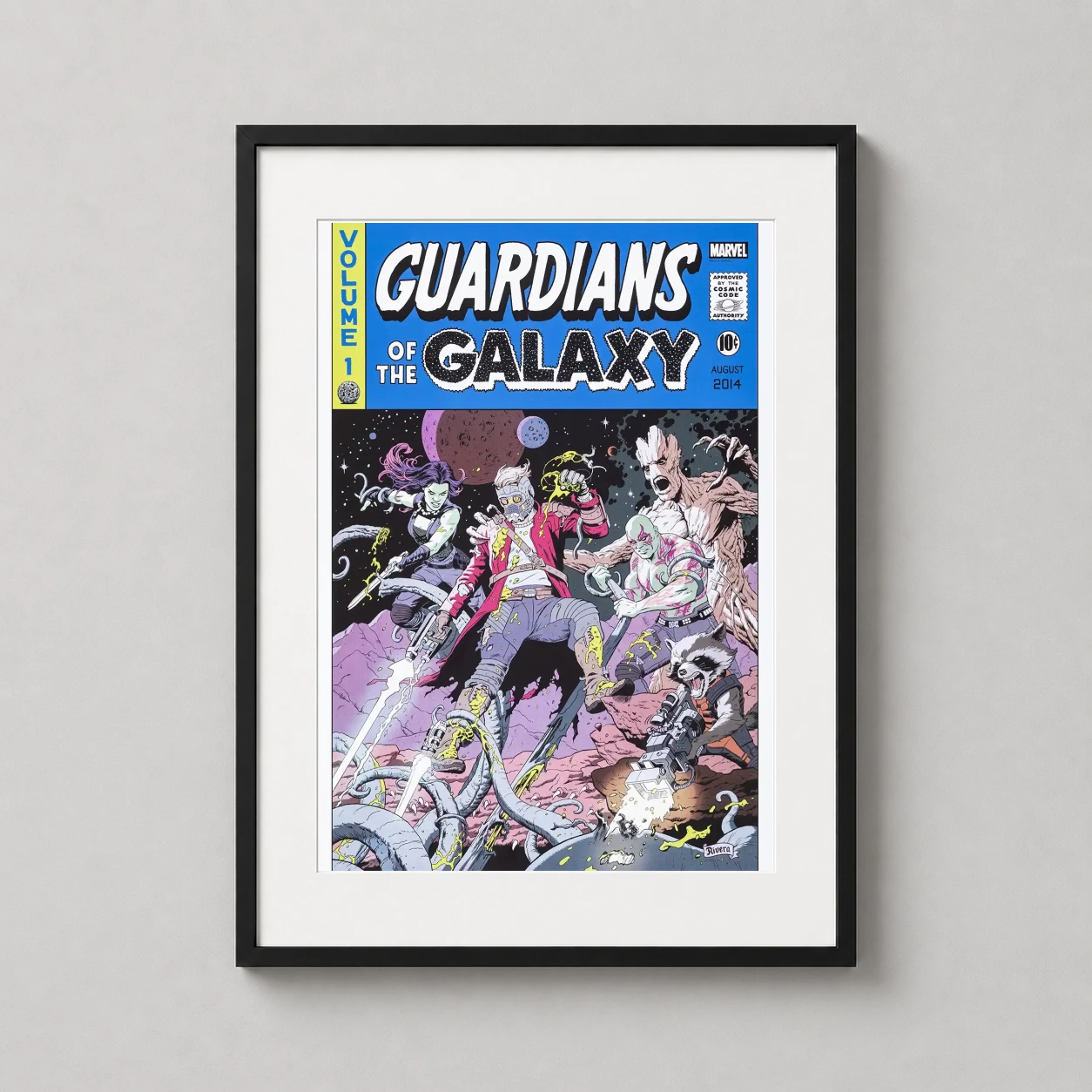 Guardians of the Galaxy Vol 1 — retro comic book cover art featuring Star-Lord, Rocket Raccoon, Groot