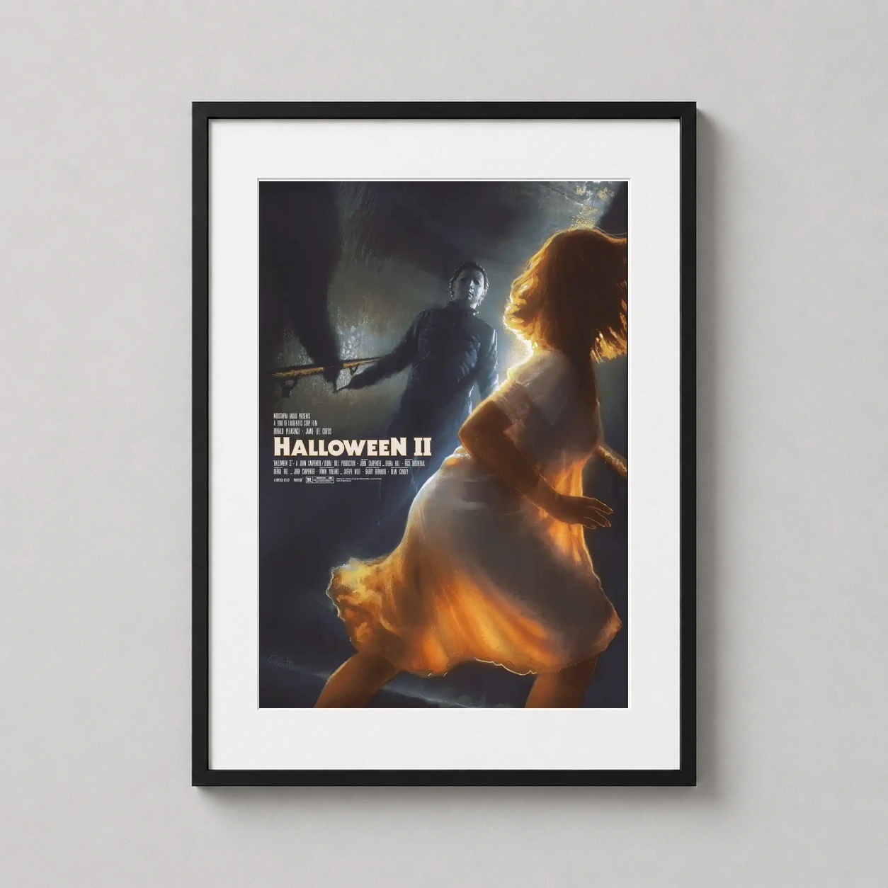Halloween Ii — this fine art print depicts a woman in a glowing white dress fleeing