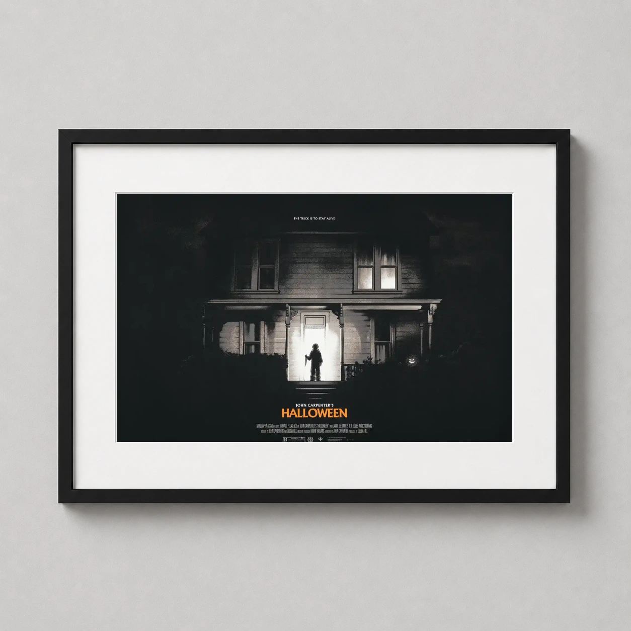 John Carpenter's Halloween — dark monochromatic illustration of the Myers house with Michael Myers'