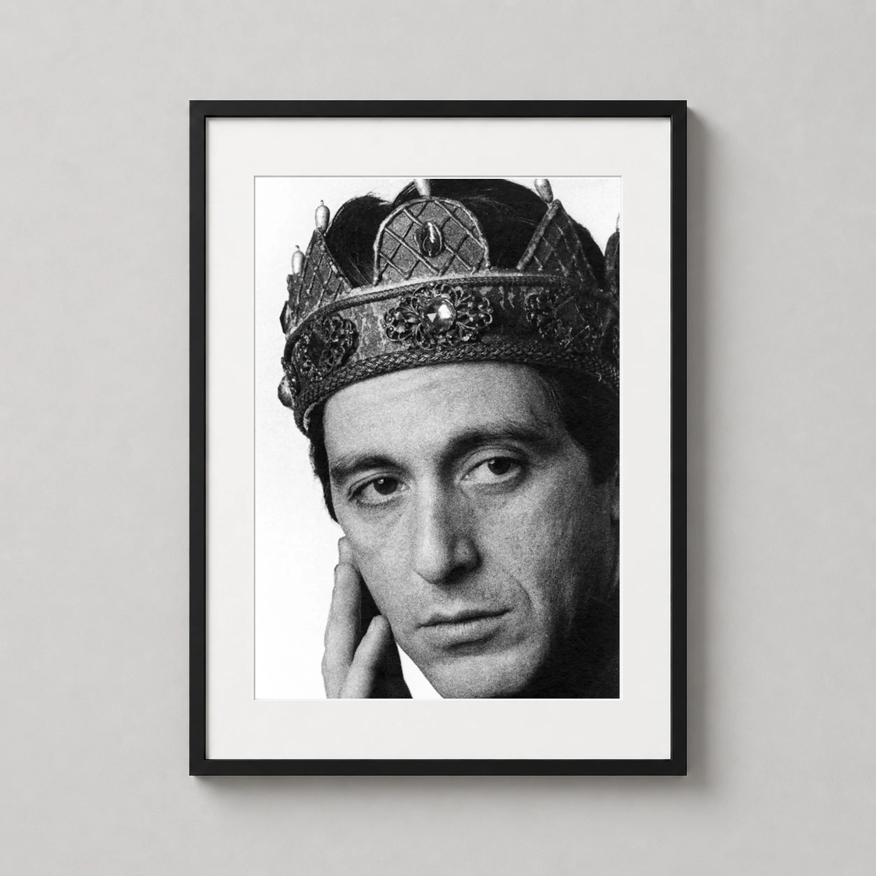 Room mockup of Al Pacino as Richard III Broadway 1979 Photography Print, displayed as framed wall art in a office setting as a portrait print with black and white tones.