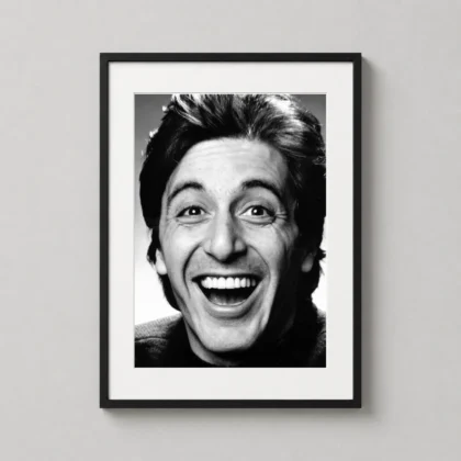Al Pacino Smiling Poster – 1979 Black and White Portrait framed wall art mockup