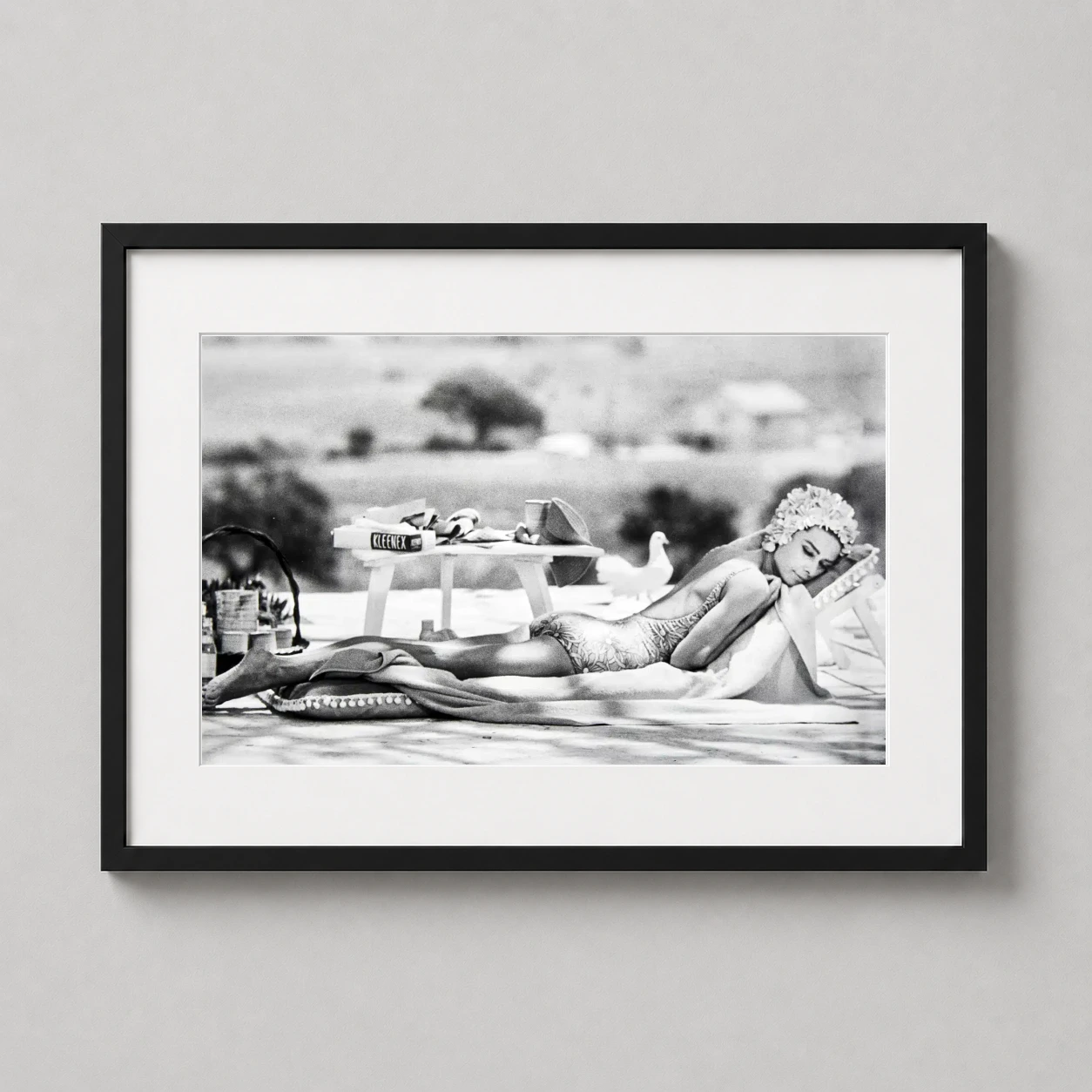 Audrey Hepburn Two Road — black and white photography print featuring Audrey Hepburn in a floral