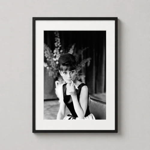 Audrey Hepburn Applying Lipstick Black and White Photography Print