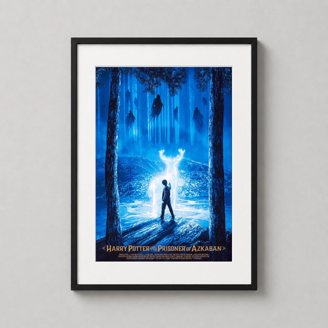 Room mockup of Harry Potter and the Prisoner of Azkaban Patronus Movie Poster, displayed as framed wall art in a home theater setting as a portrait print with blue and white tones.