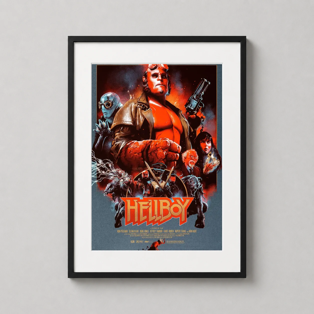 Hellboy — detailed illustration of Ron Perlman as Hellboy, flanked by Abe Sapien
