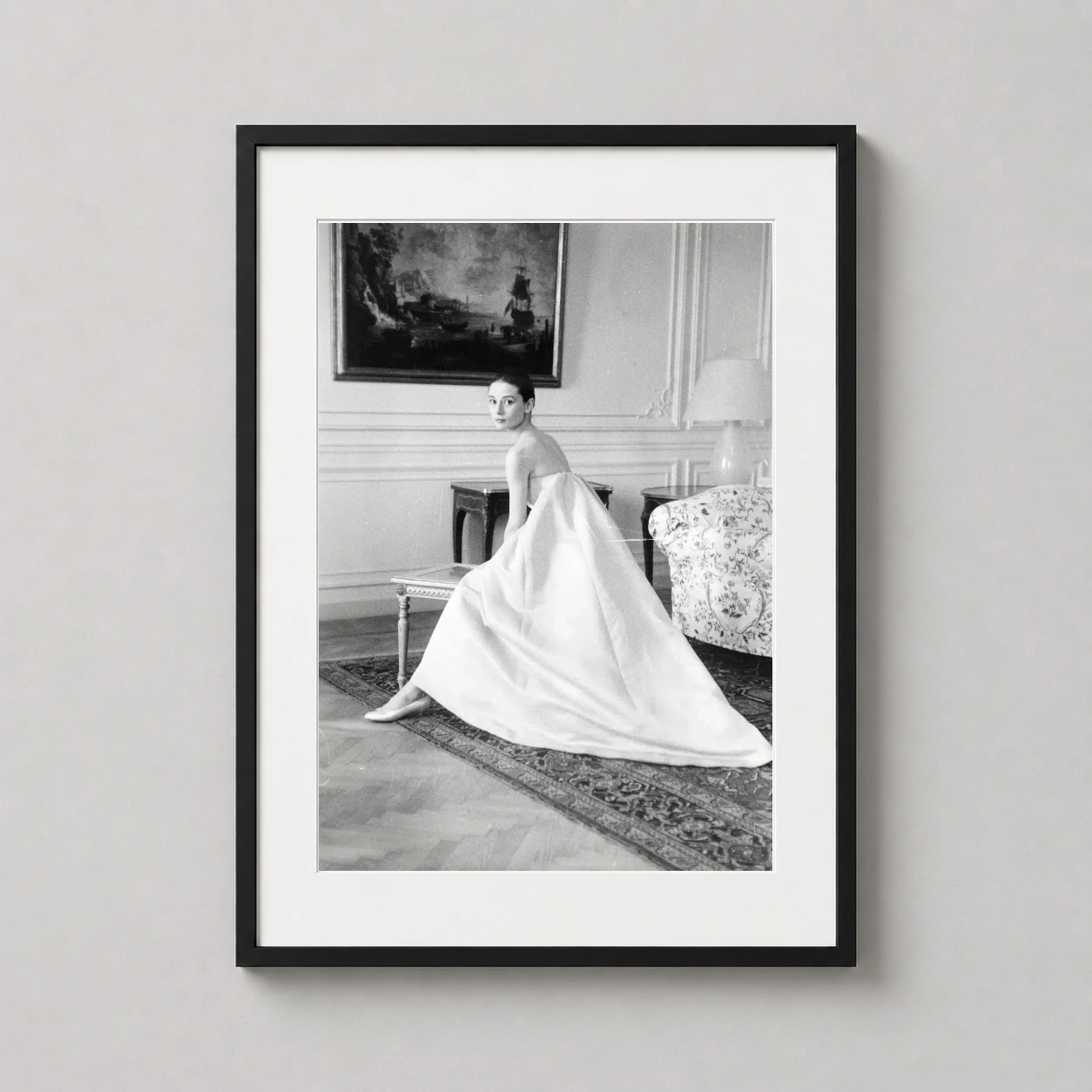 Audrey Hepburn Givenchy Gown — monochrome photograph of Audrey Hepburn in a voluminous white Hubert de