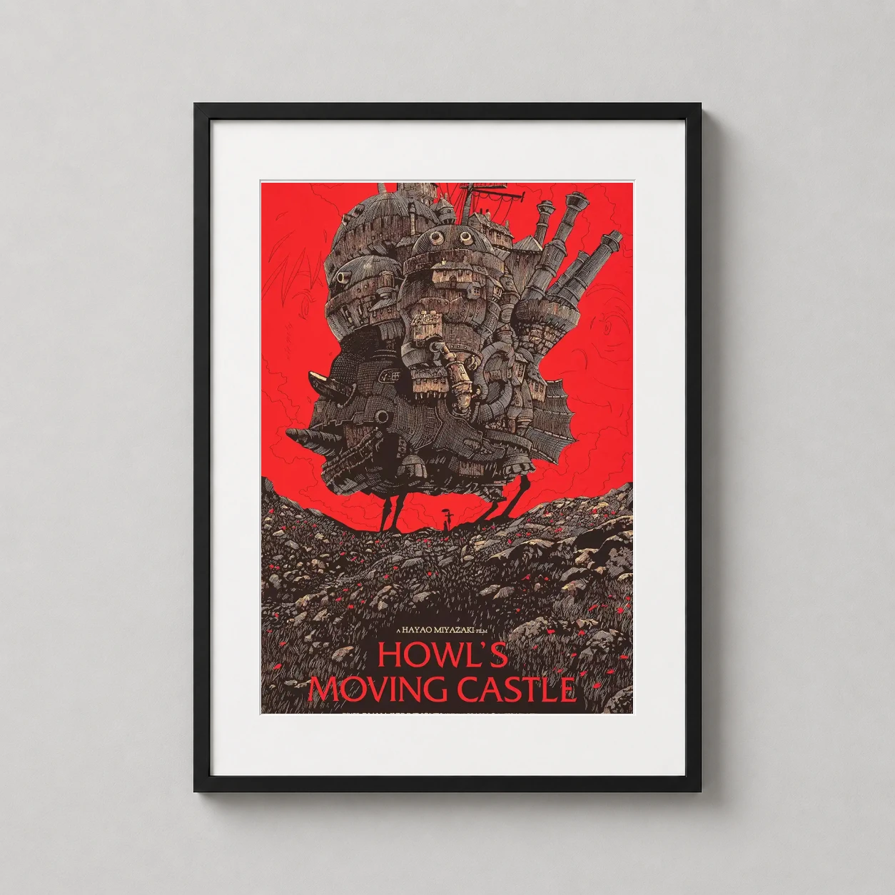 Room mockup of Howl's Moving Castle Olly Moss Mondo Style Anime Movie Poster, displayed as framed wall art in a home theater setting as a portrait print with red tones.