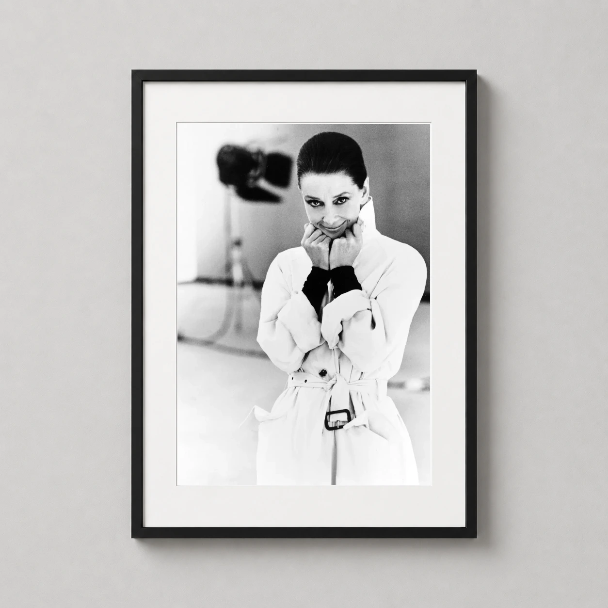 Audrey Hepburn Vanity Fair — monochrome photography print featuring Audrey Hepburn in a belted