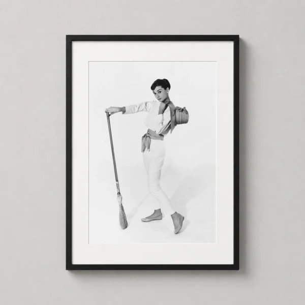 Audrey Hepburn Studio Portrait with Broom Photography Print