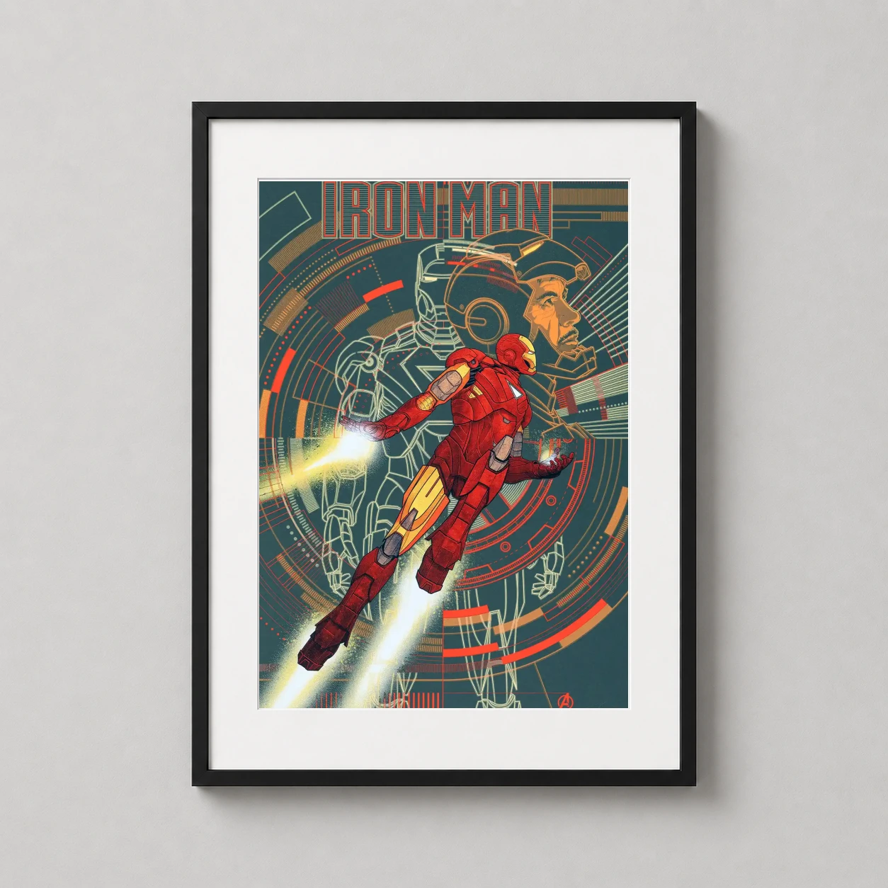 Iron Man — red and gold Iron Man suit in mid-flight against a technical blueprint