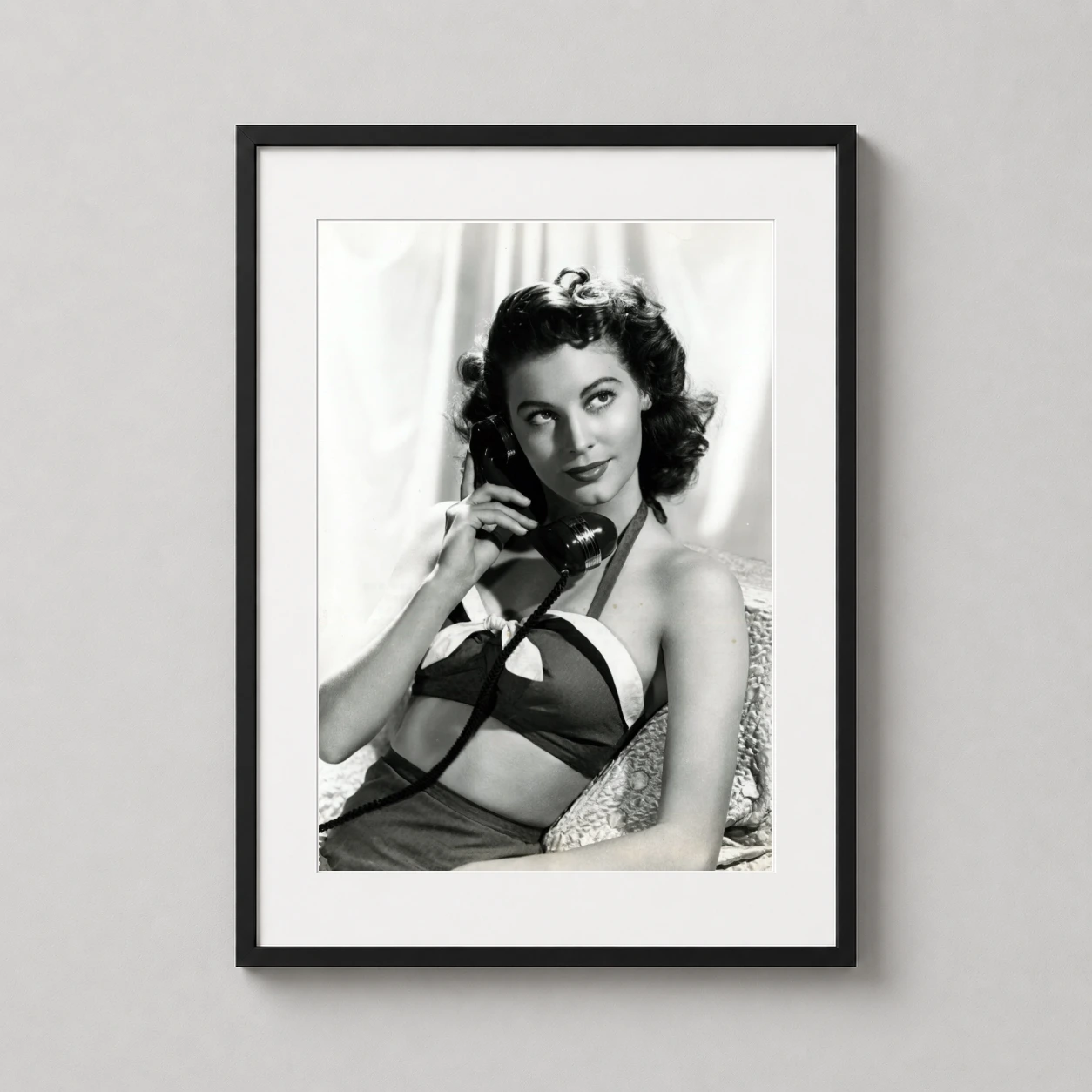 Ava Gardner Telephone Portrait — high-contrast black and white photography print featuring Ava Gardner