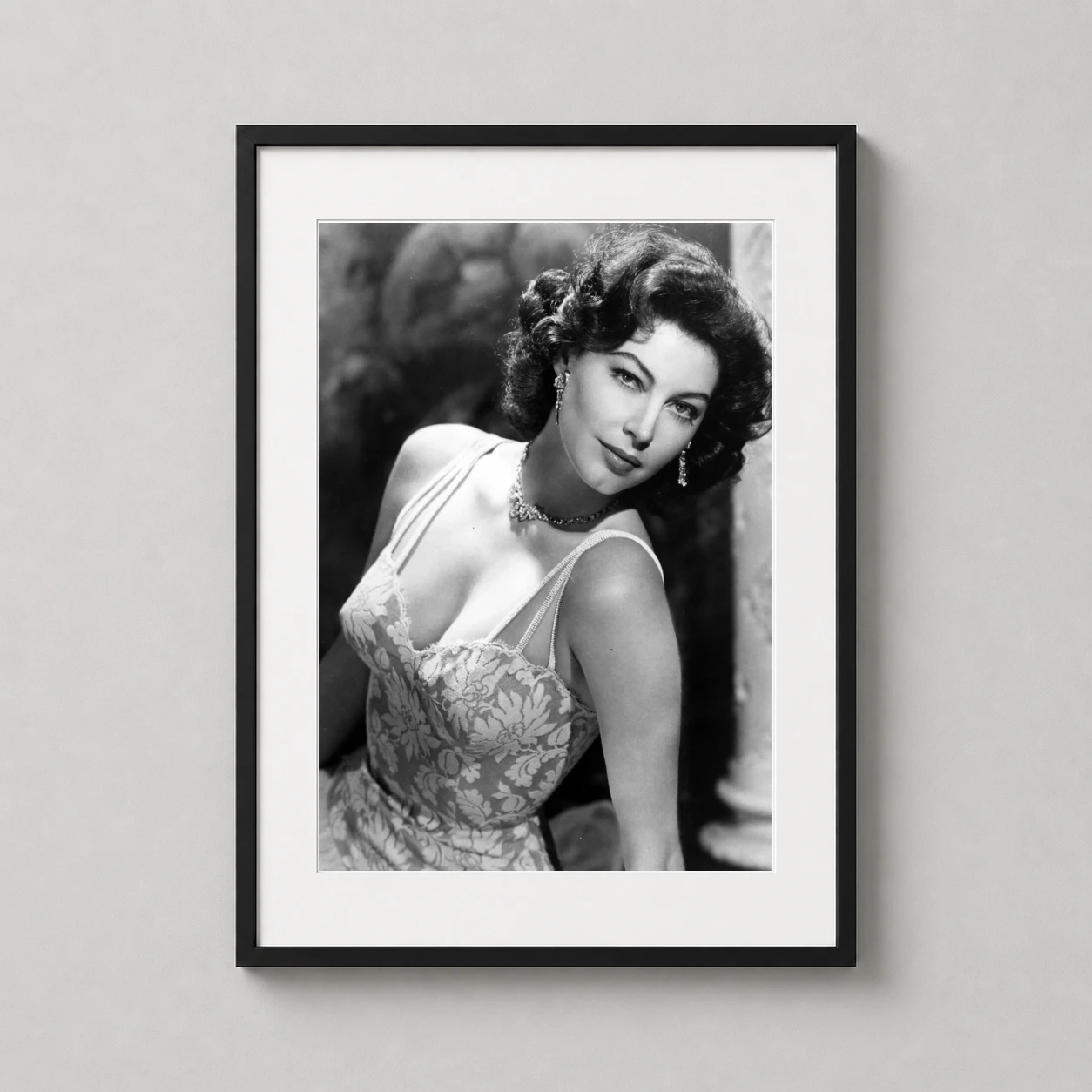 Ava Gardner Lace Dress — classic black and white portrait of Ava Gardner wearing a delicate