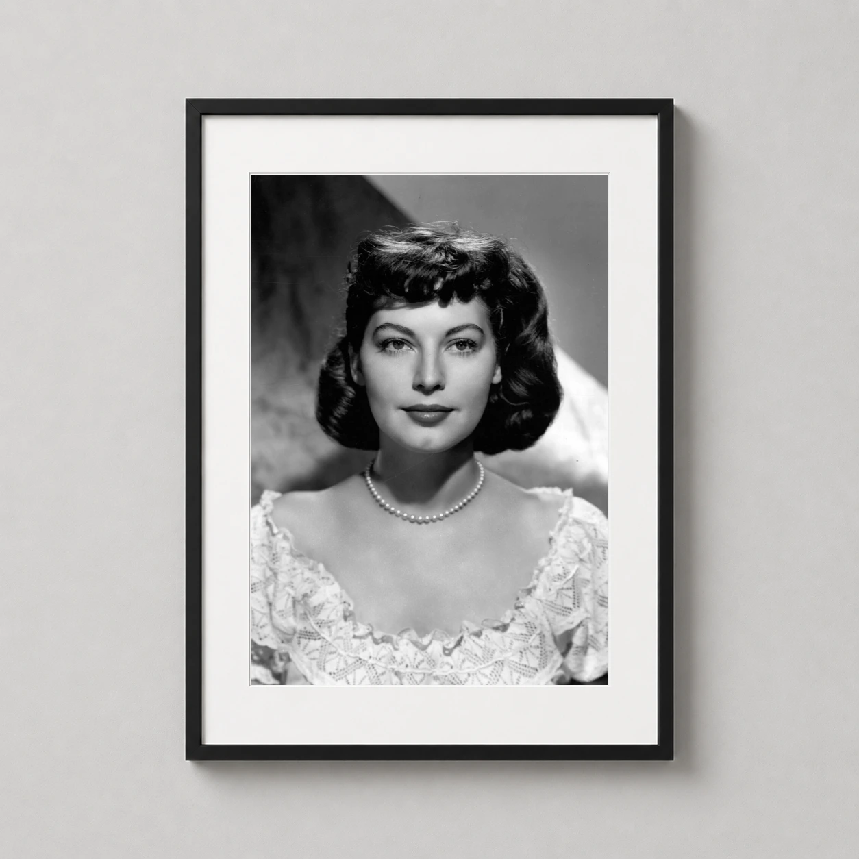 Ava Gardner — this black and white photography print features Ava Gardner in a