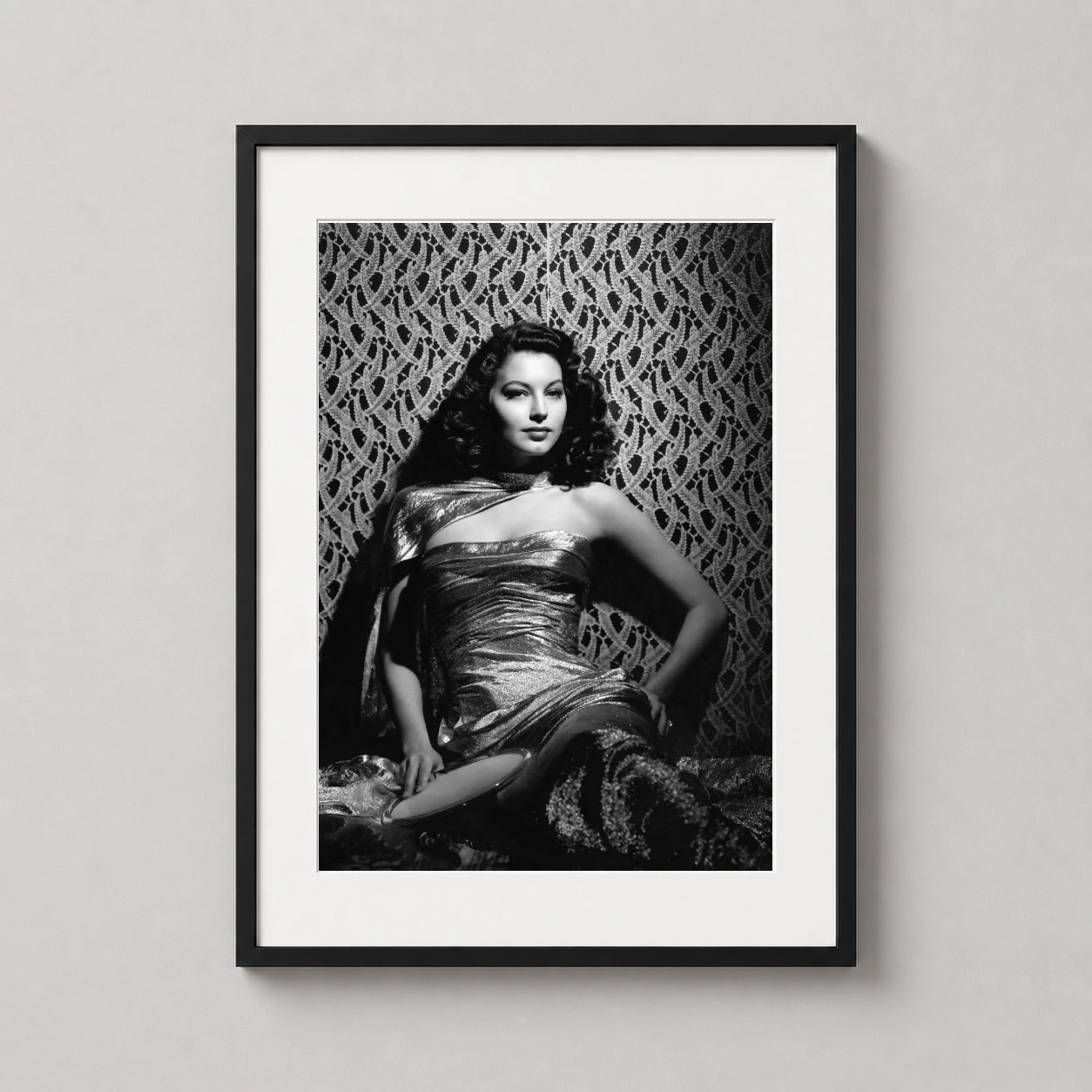 Ava Gardner Glamour Photo — high-contrast black and white photography print of Ava Gardner wearing