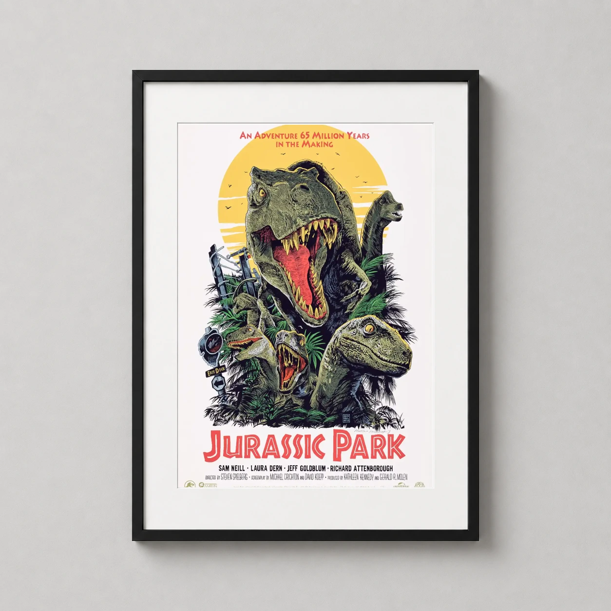 Jurassic Park T-rex Raptors — roaring T-Rex dominates this Francesco Francavilla illustration