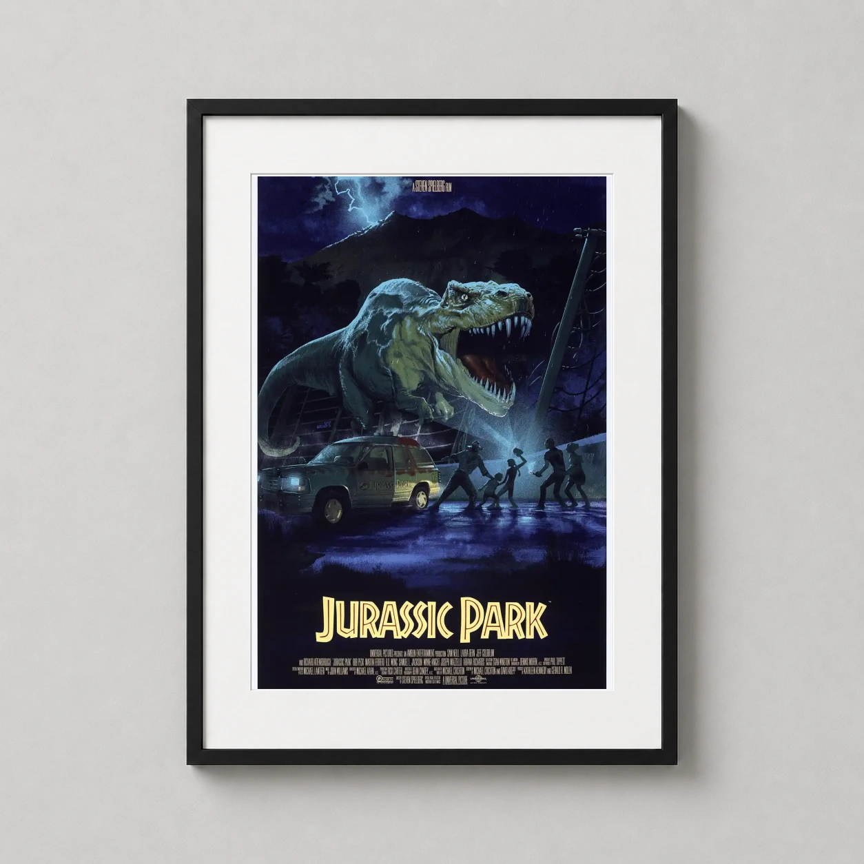 Jurassic Park T-rex Attack — towering T-Rex looms over a park vehicle and fleeing survivors under a