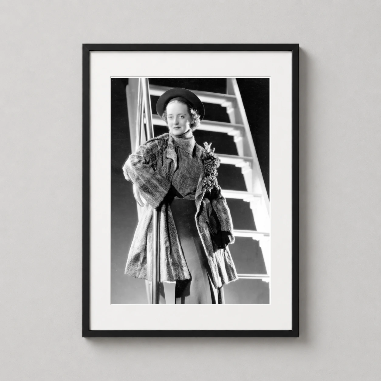 Bette Davis — detailed black and white portrait of Bette Davis in a fur coat standing