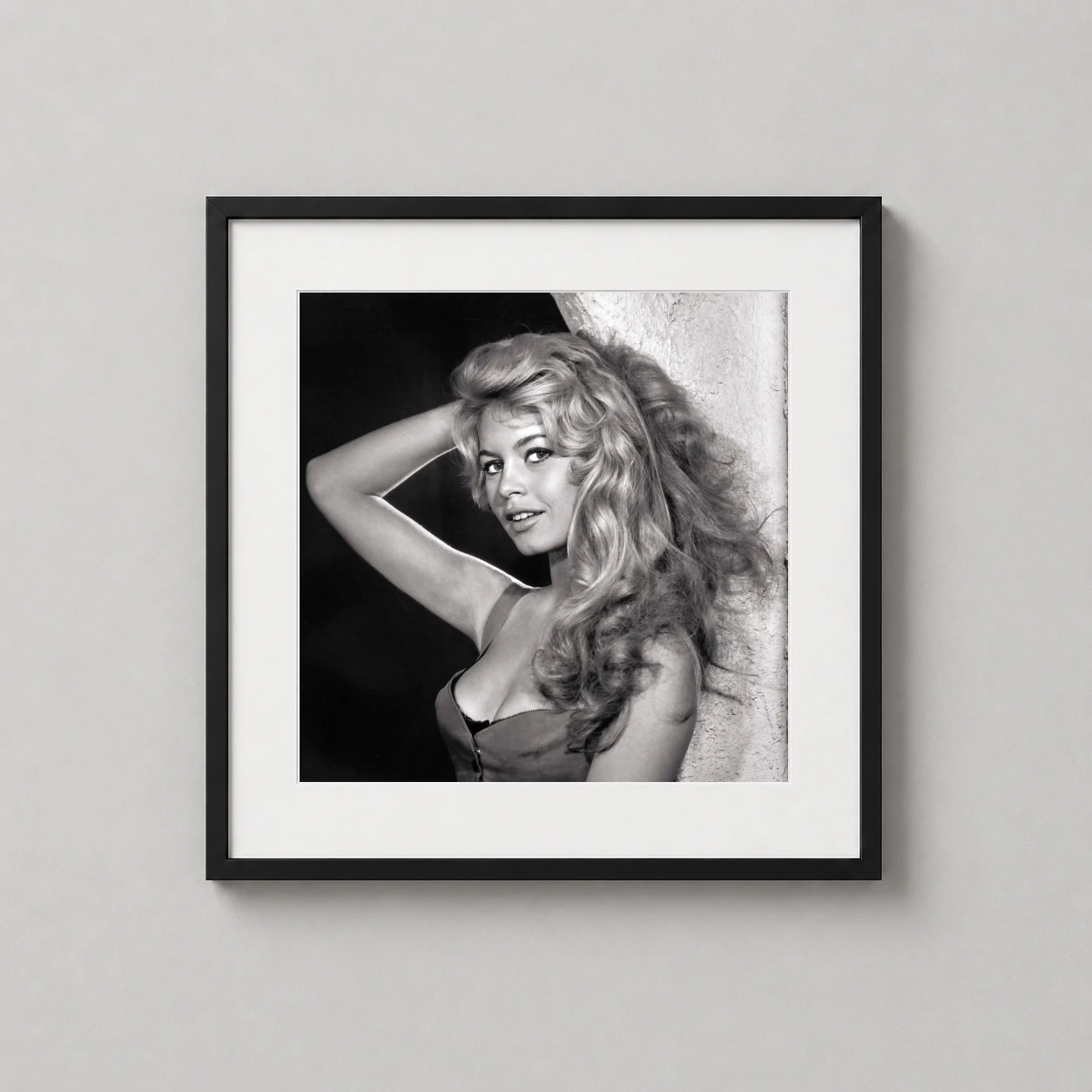 Brigitte Bardot Glamour — black and white photographic art print featuring a close-up portrait of