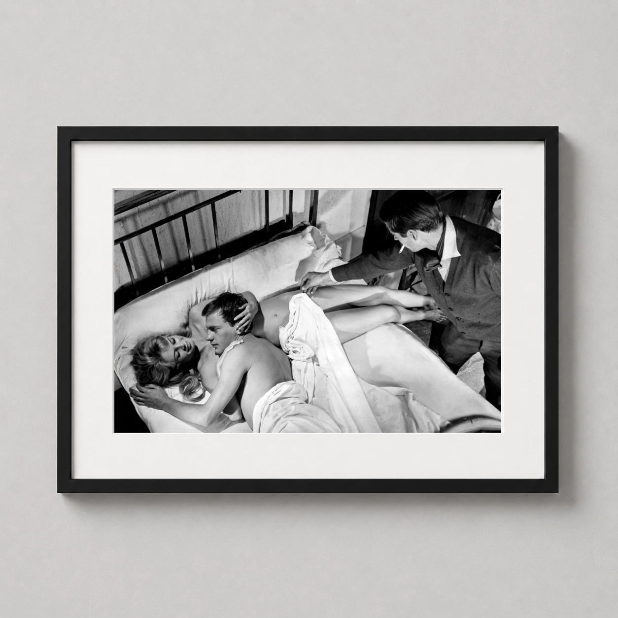 Brigitte Bardot Bedroom — high-contrast black and white cinematic still of Brigitte Bardot in a