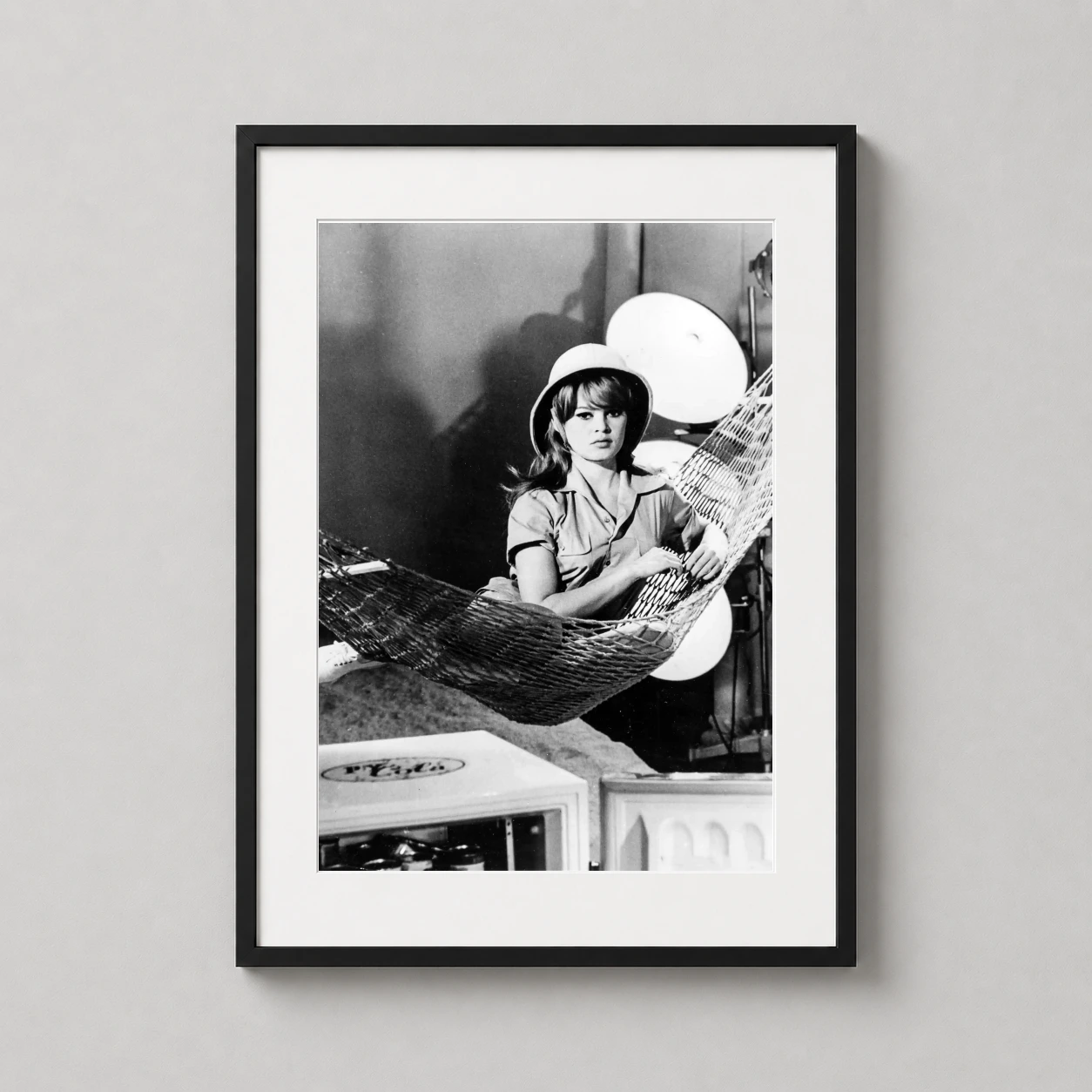 Brigitte Bardot Safari Pith — classic black and white photograph featuring Brigitte Bardot in a pith