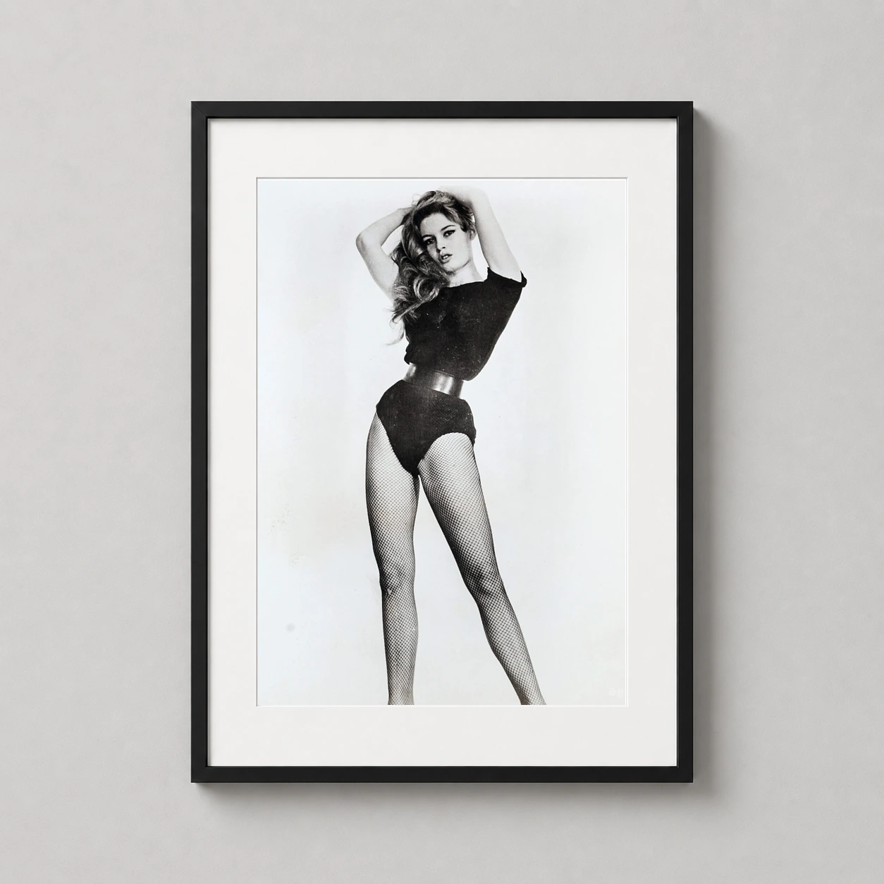 Brigitte Bardot Studio Leotard — high-contrast black and white studio photograph of Brigitte Bardot