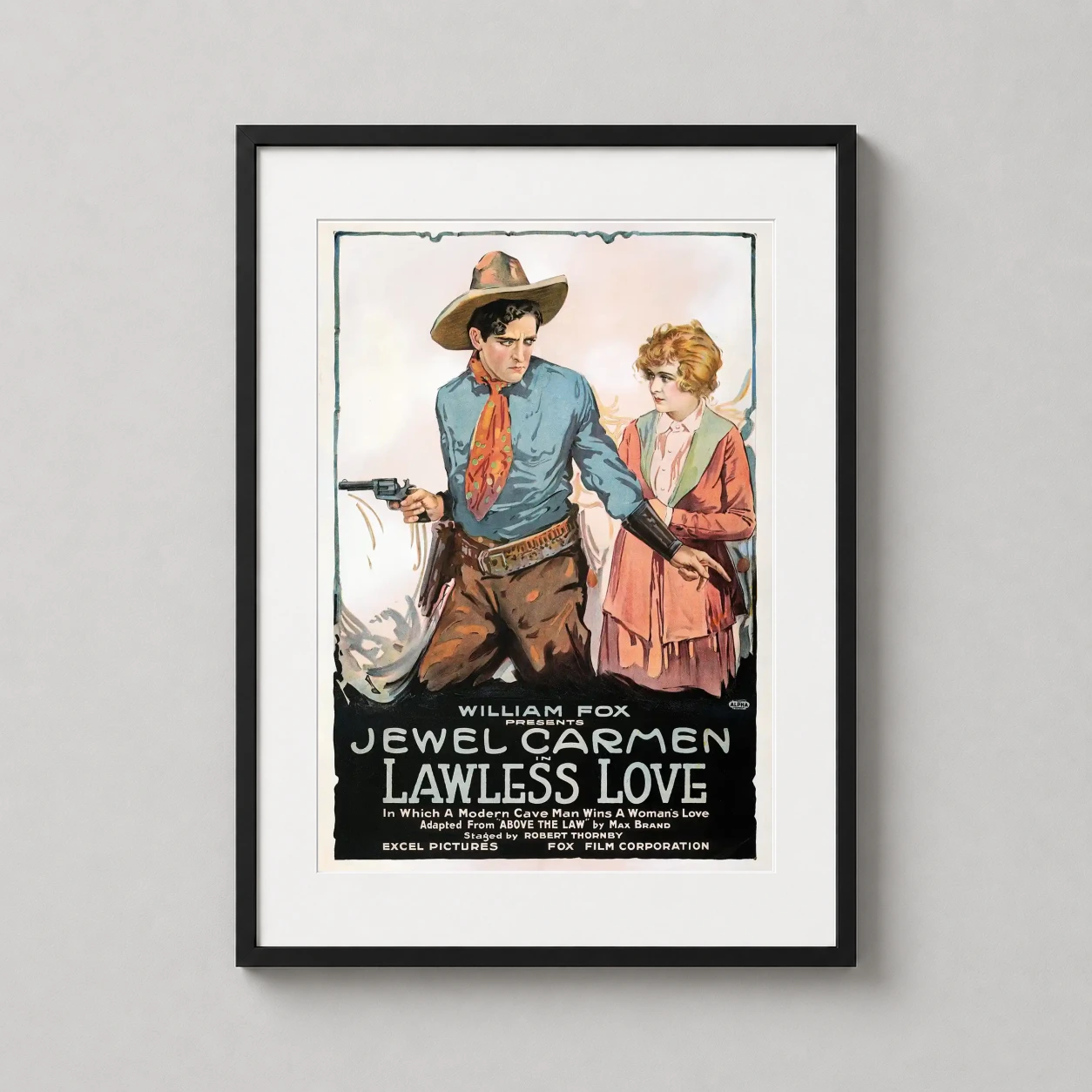 Lawless Love — illustrated 1918 silent film poster featuring Jewel Carmen and a cowboy