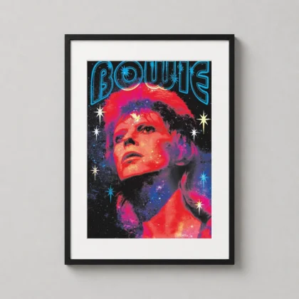 David Bowie glitter portrait print showing a close glam-era Bowie image with glitter styling and theatrical shine as David