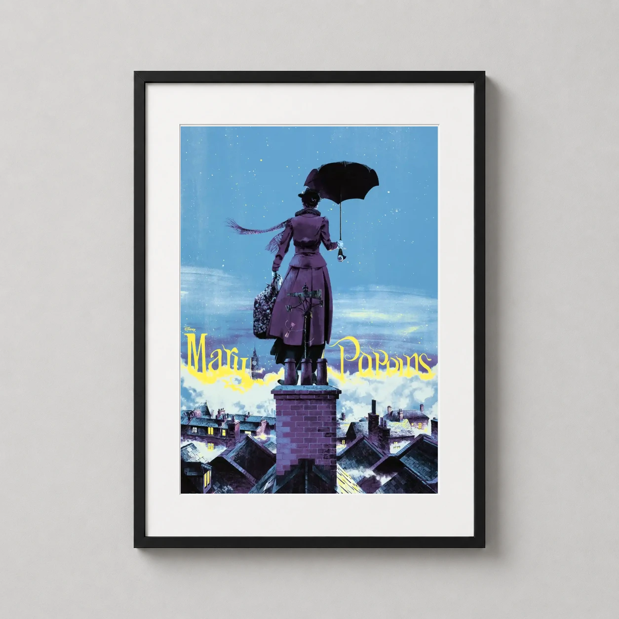 Mary Poppins — enchanting art print featuring Mary Poppins standing atop a London