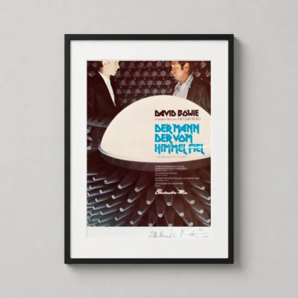 Man Who Fell to Earth Bowie poster showing an autographed poster for The Man Who Fell To Earth from 1976 as David Bowie