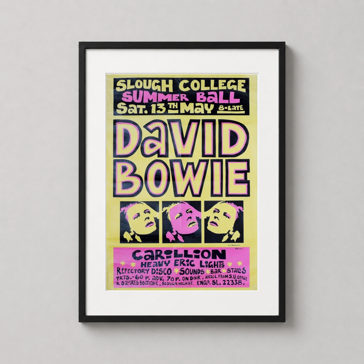 David Bowie Slough College — high-contrast David Bowie concert poster for the 1972 Slough College