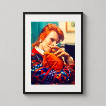 David Bowie backstage cigarette print showing a close colour backstage portrait with red hair, patterned clothing, and a