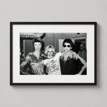 David Bowie rock party print showing a black and white party image with Bowie standing beside two fellow musicians as David