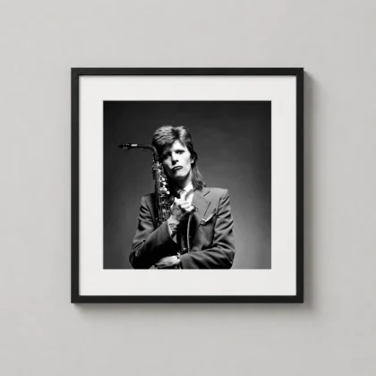 Bowie With Sax print showing a black and white cibachrome print titled Bowie With Sax as David Bowie themed wall art