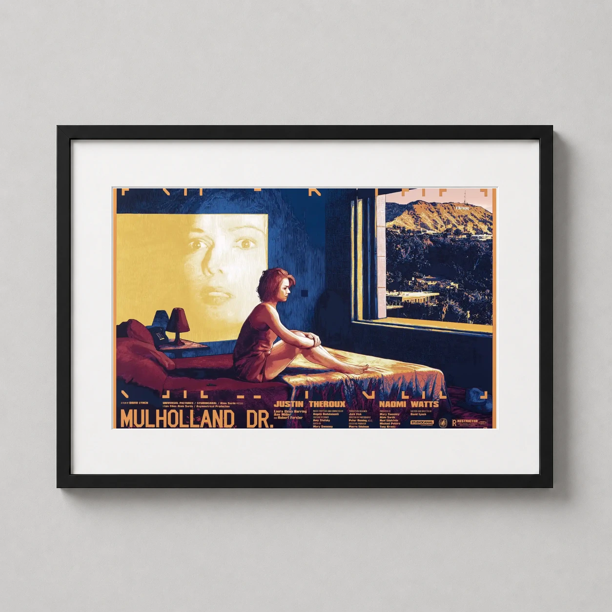 Mulholland Drive — surreal neo-noir art print featuring a woman seated in a moody bedroom