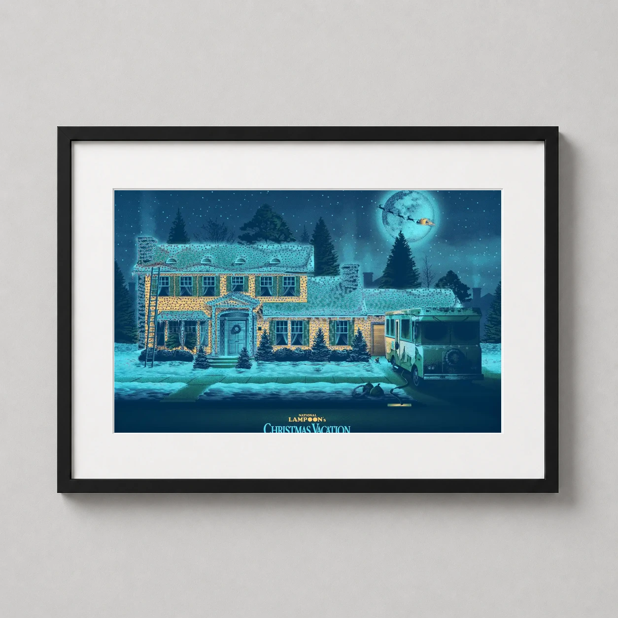 Christmas Vacation — snowy scene featuring the Griswold house covered in glowing yellow