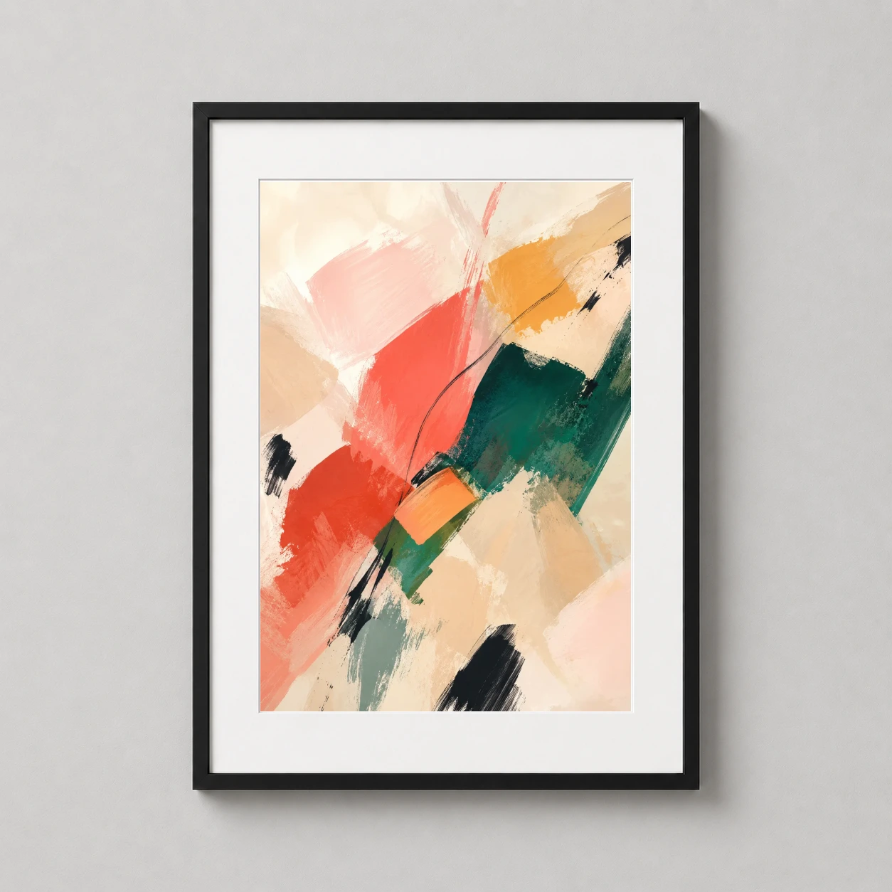 Coral Collision Painterly — energetic abstract composition featuring bold brushstrokes of coral
