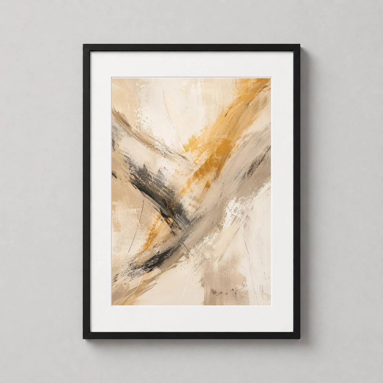 Dry Brush Painting — sweeping dry brush strokes in gold ochre and charcoal grey dance across